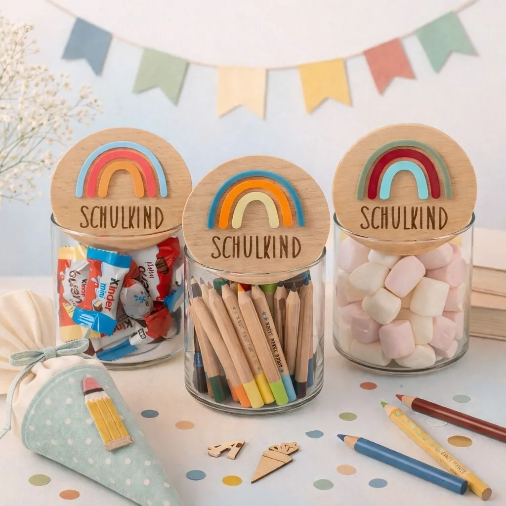 Schulkind, Schulzubehör, Buntstifte, Holzdeckel, Glasbehälter