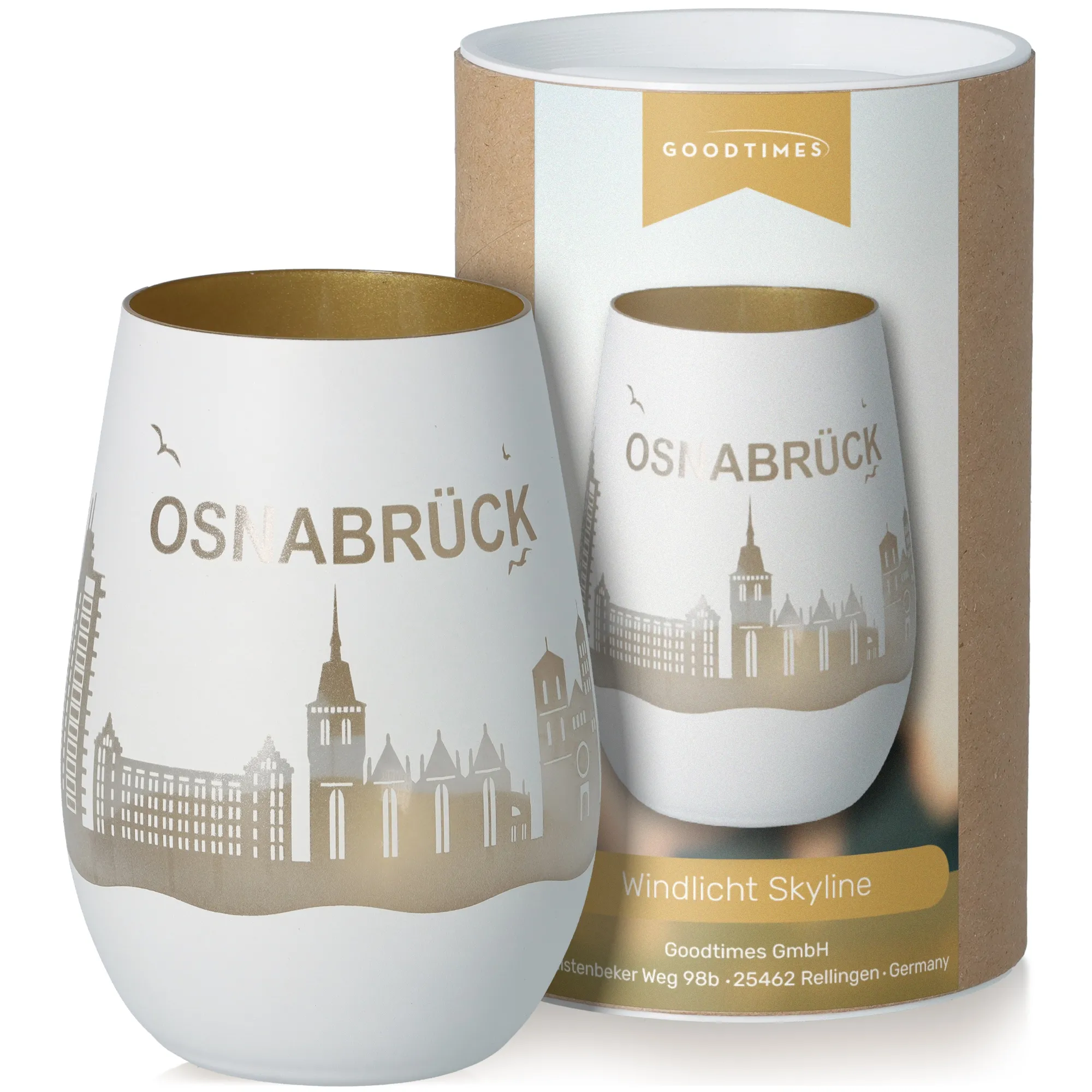 Windlicht Skyline Osnabrück Weiß/Gold