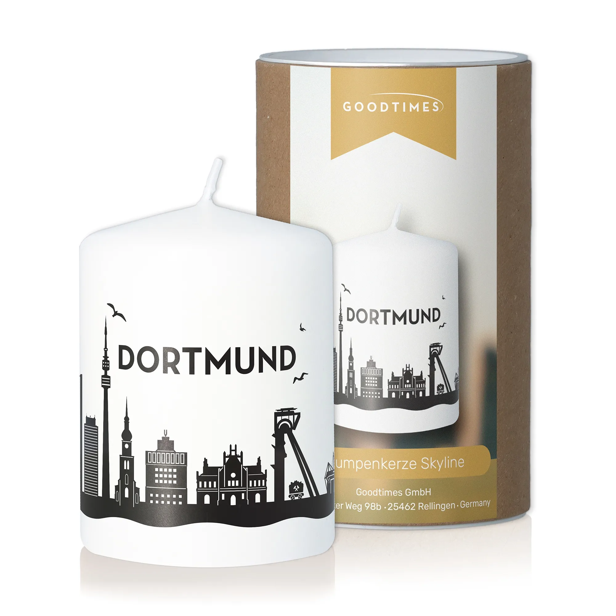 Stumpenkerze Skyline Dortmund Weiß