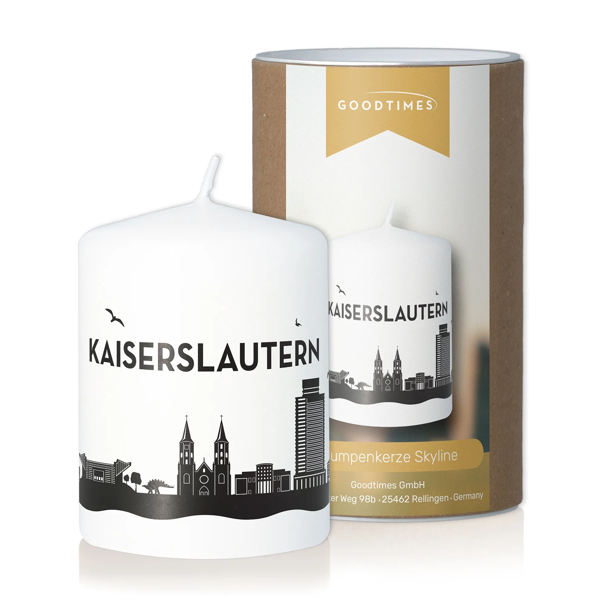 Stumpenkerze Skyline Kaiserslautern Weiß