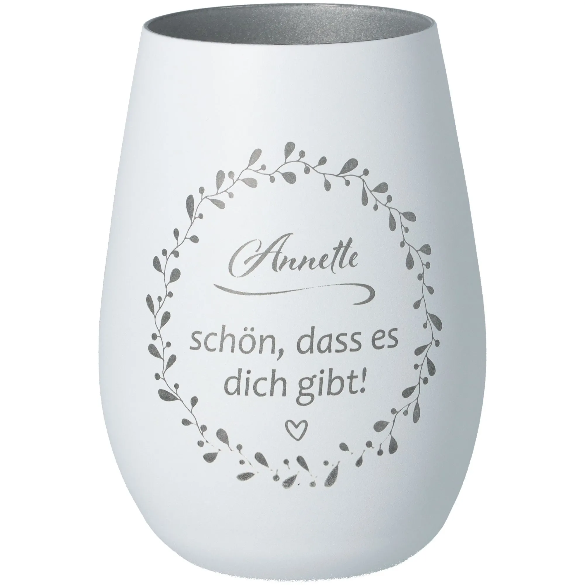 Windlicht Schön, dass es dich gibt "Name" Weiß/Silber