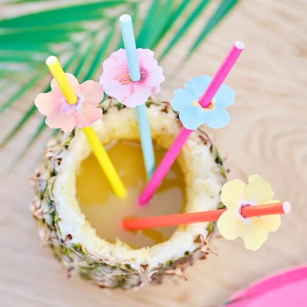 16 Papierstrohhalme mit Blumentopper "Tiki Tropics"