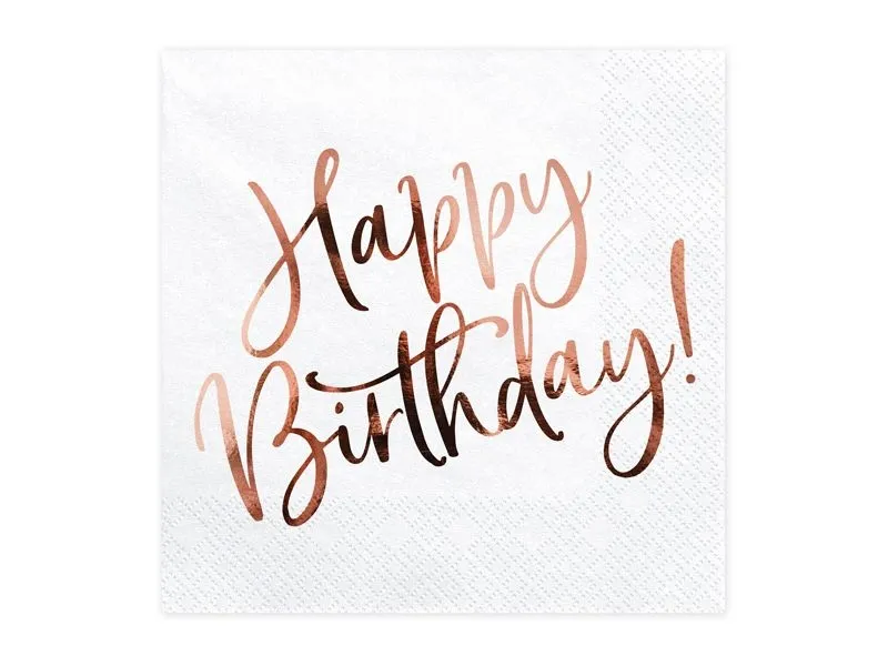 20 Servietten "Happy Birthday",  Weiß/Roségold