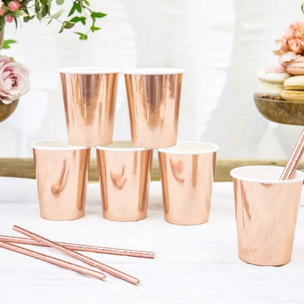 Kupferbecher, Becher, Metallisch, Roségold, Strohhalme-Set