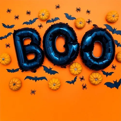Halloween, balloon, Boo, orange background, mini pumpkins