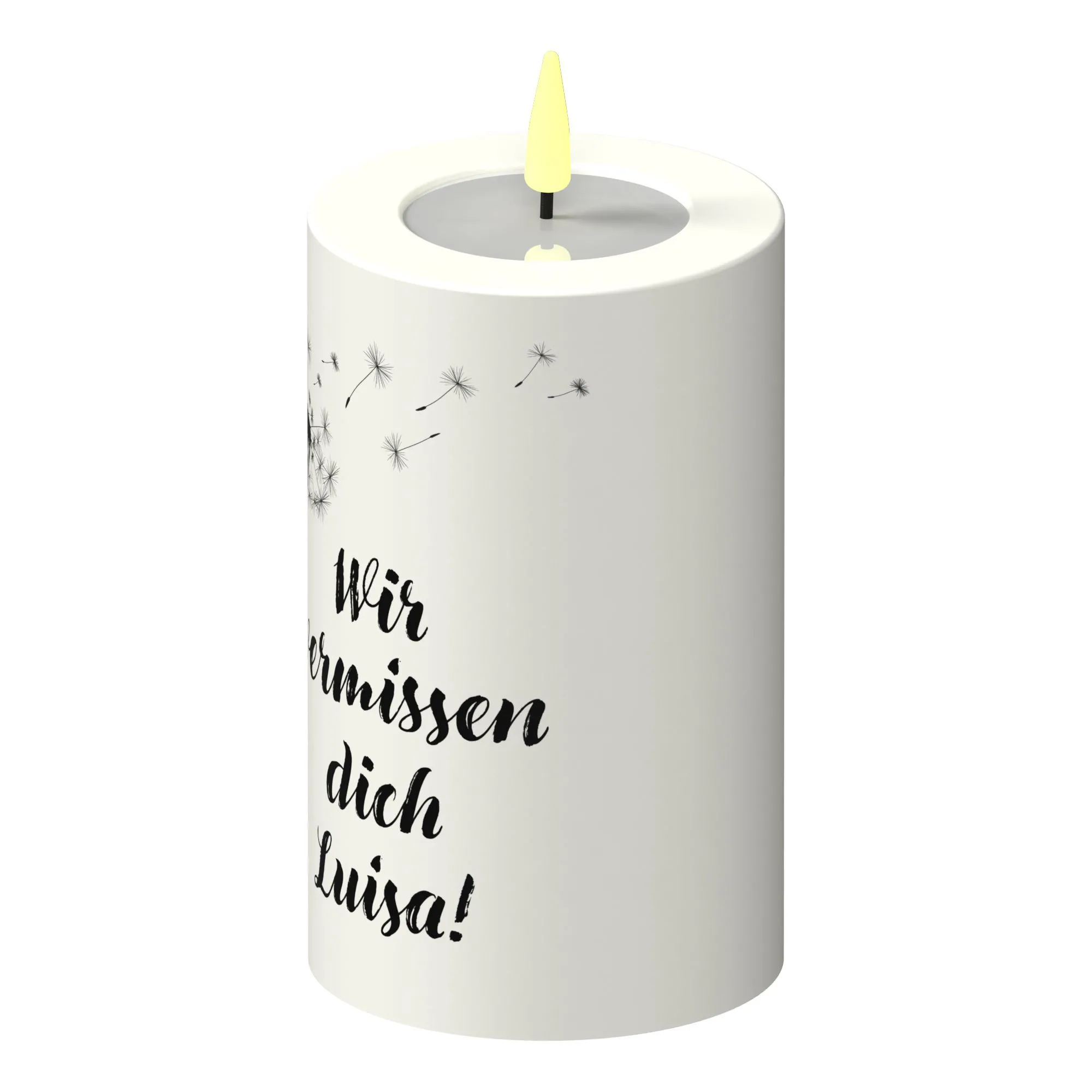 LED Stumpenkerze Weiß Pusteblume "Wir vermissen dich NAME"!