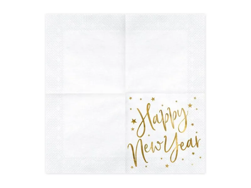 20 Servietten - "Happy New Year" Weiß/Gold