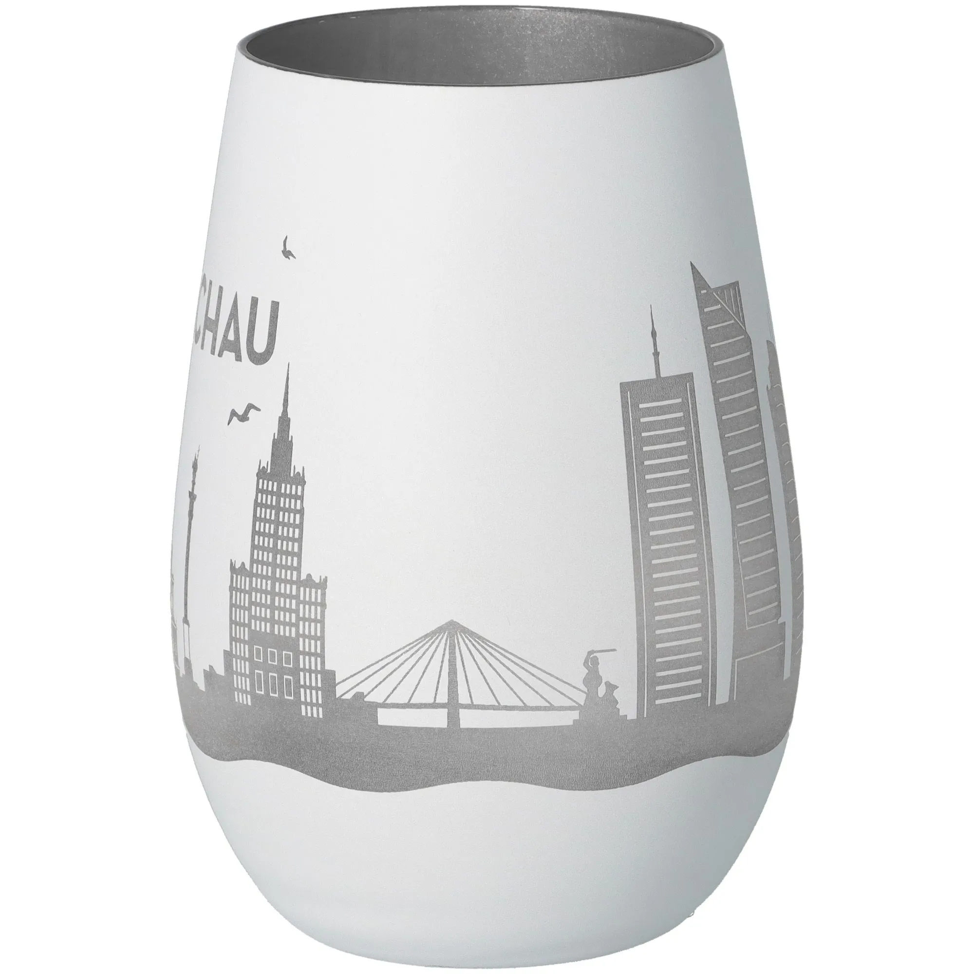 Vase, Glasvase, Stadtmotiv, Silber, Matt