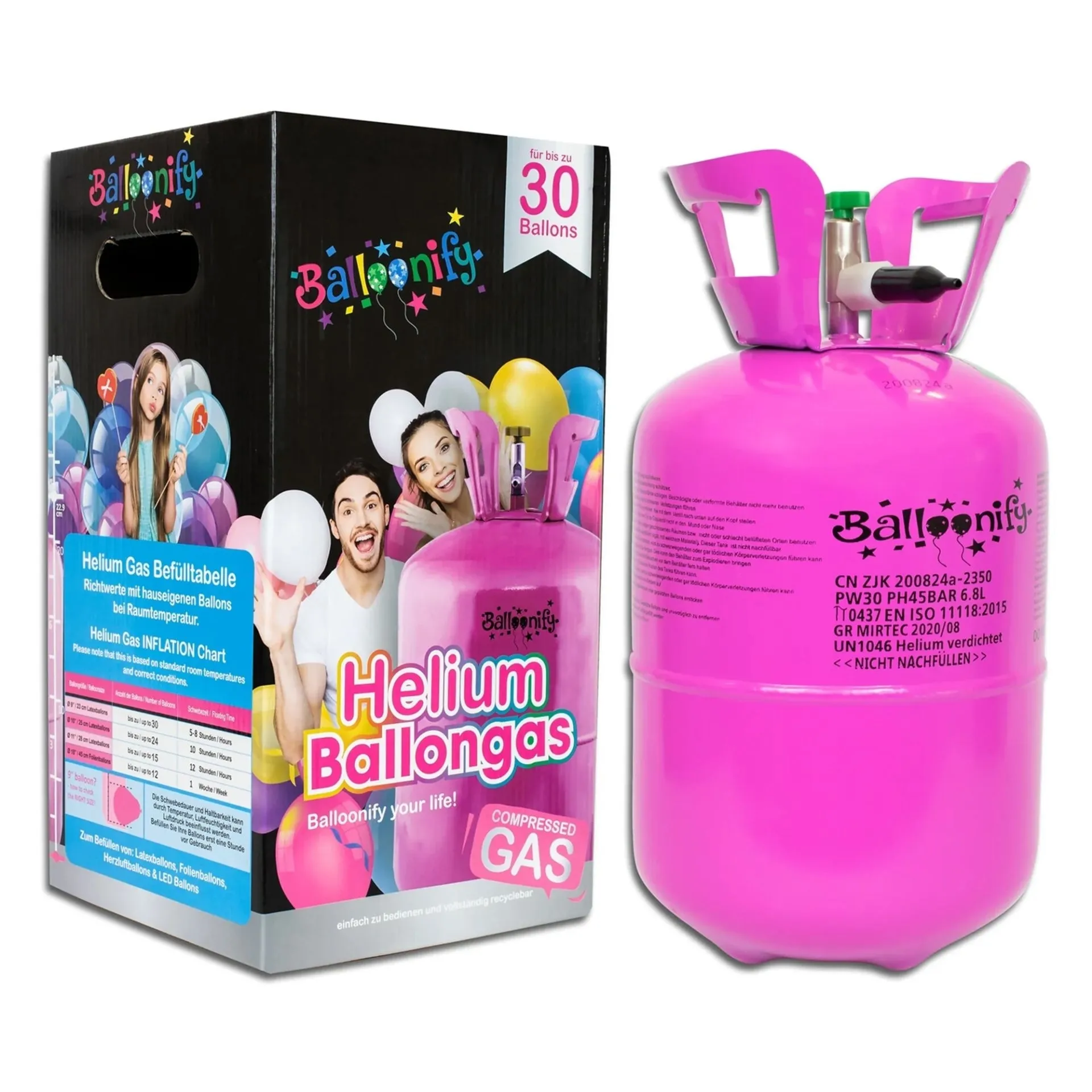 30er Ballonset: 30 bunte Ballons (23 cm) und Bänder mit Helium Einweg-Flasche