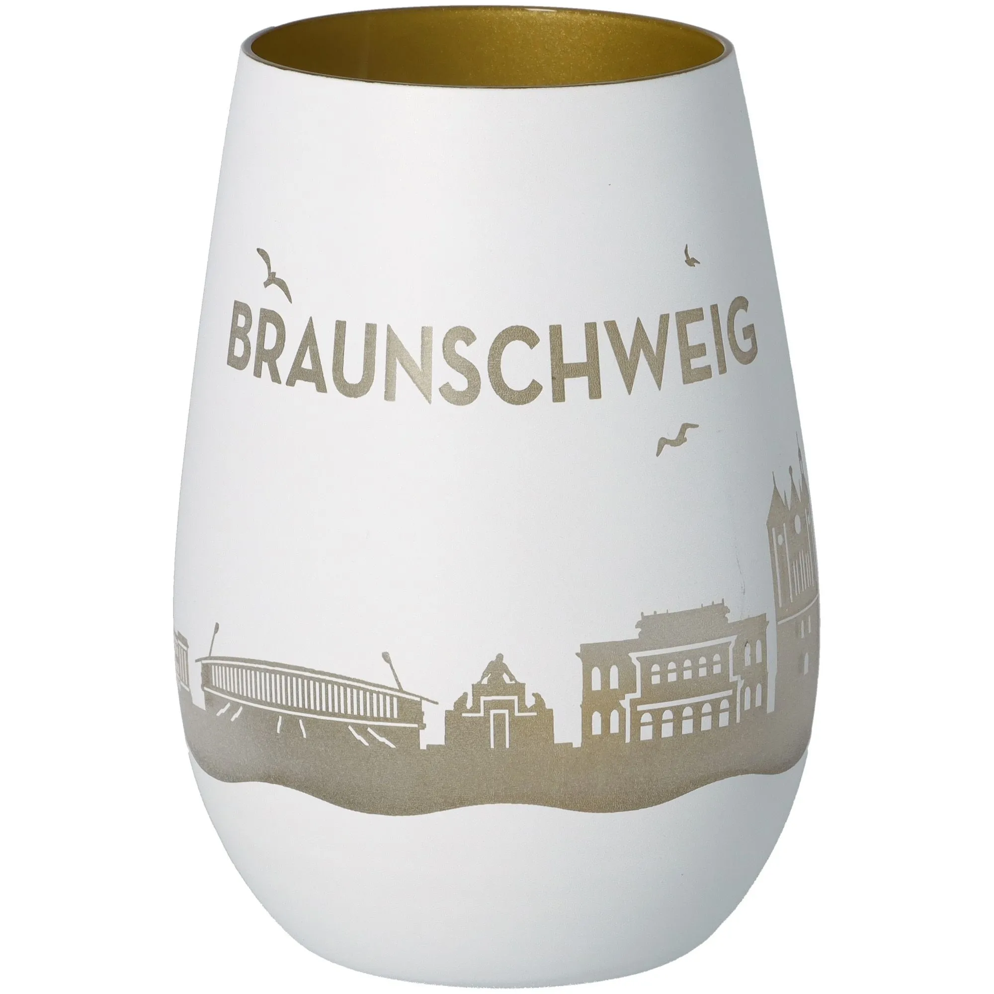 vase, keramik, weiß, städtische silhouette, goldenes innere