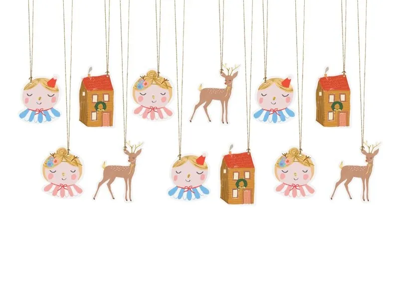 12 Geschenkanhänger "Engel, Haus & Reh"