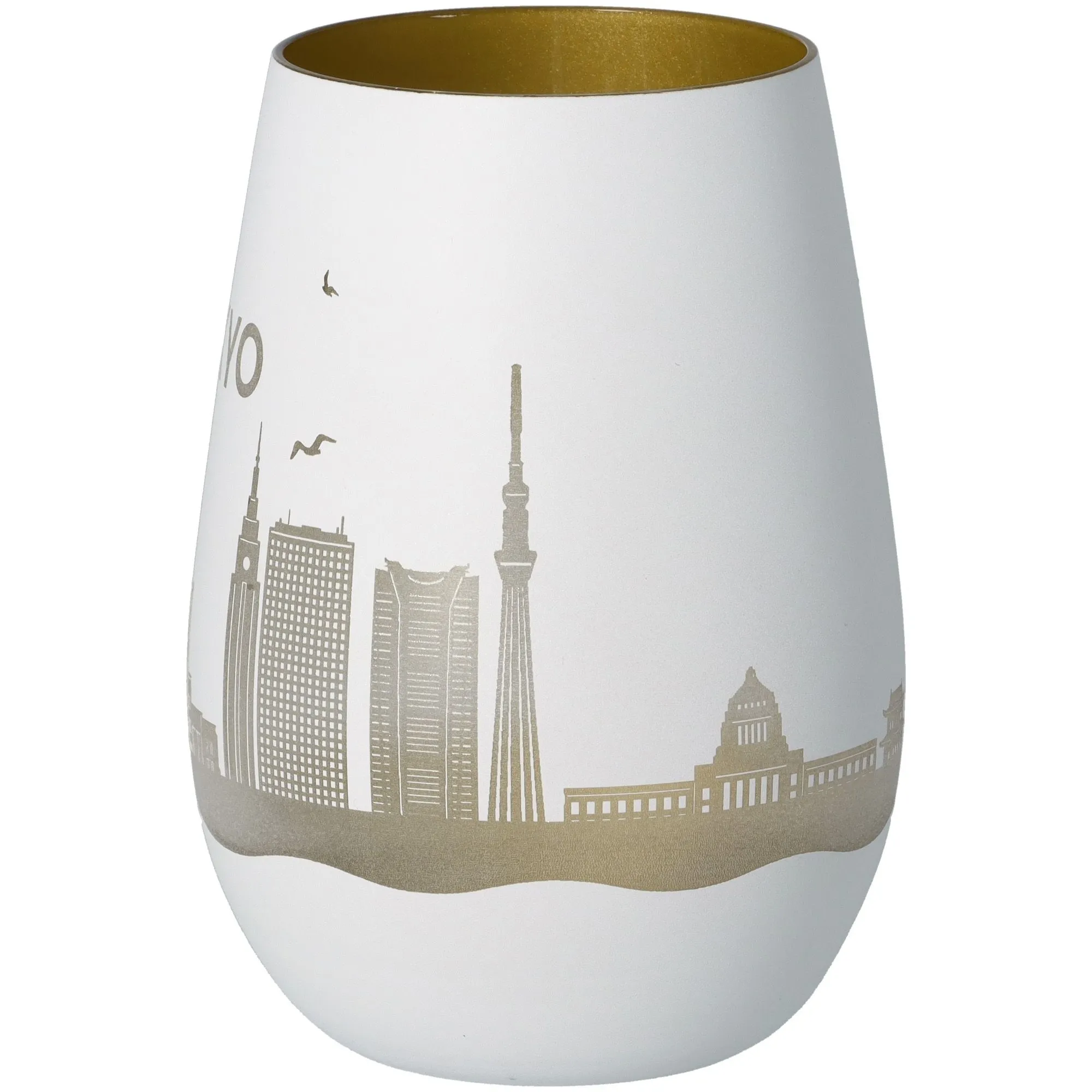 Vase, Weiß, Goldene Akzente, Stadt Silhouette, keramisch
