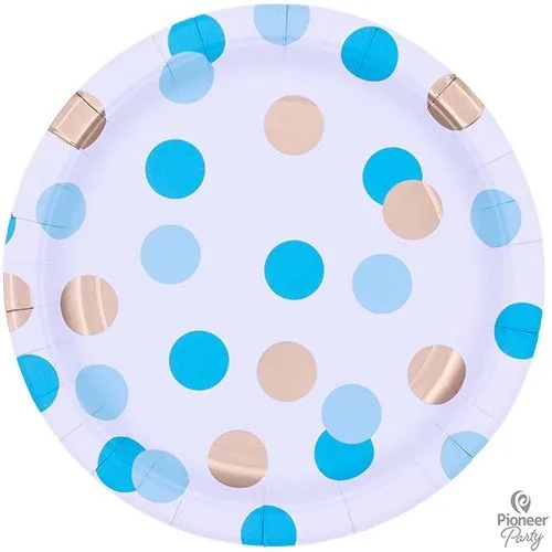 8 Pappteller, Blau/Gold Punkte
