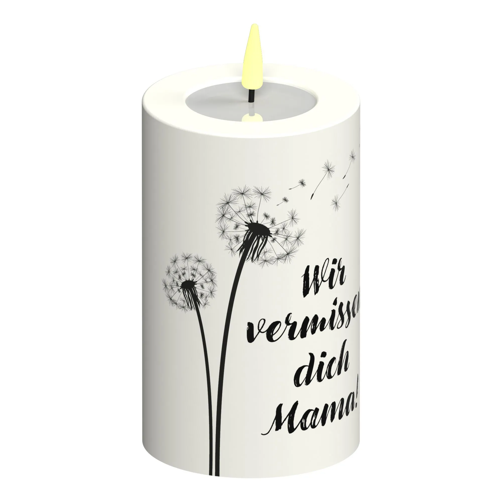 LED Stumpenkerze Weiß Pusteblume "Wir vermissen dich Mama!"