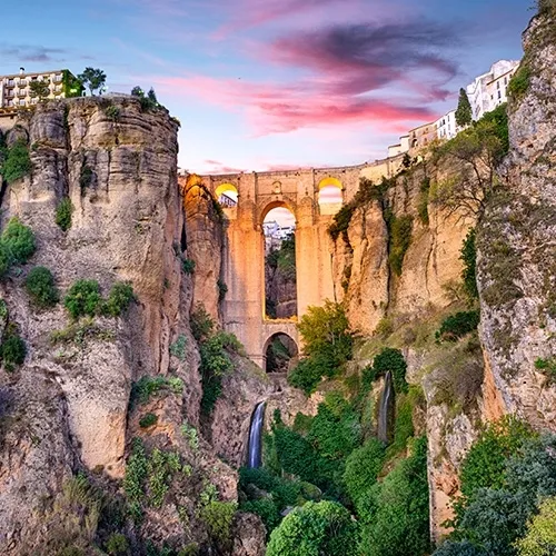 brücke, felsen, wasserfall, landschaft, architektur