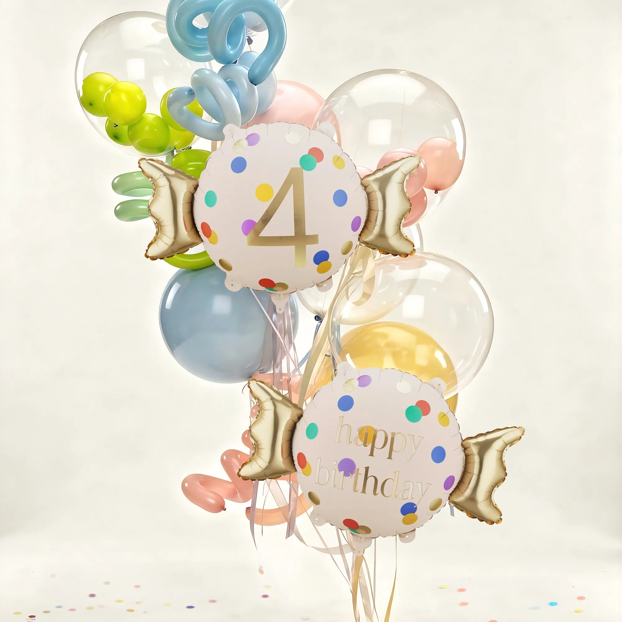 balloons, birthday, balloon bouquet, 4th birthday, confetti