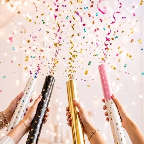party poppers, confetti, handheld streamers, cylinder streamer, celebration accessories