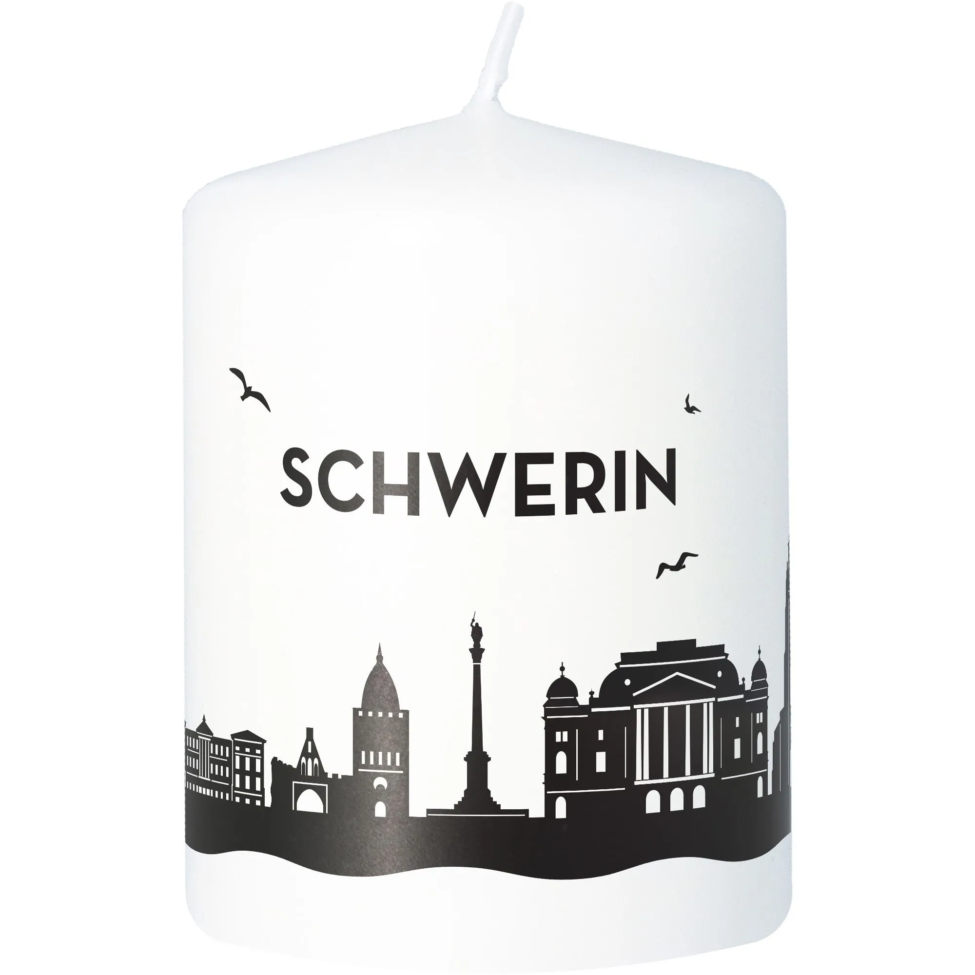 Stumpenkerze Skyline Schwerin Weiß