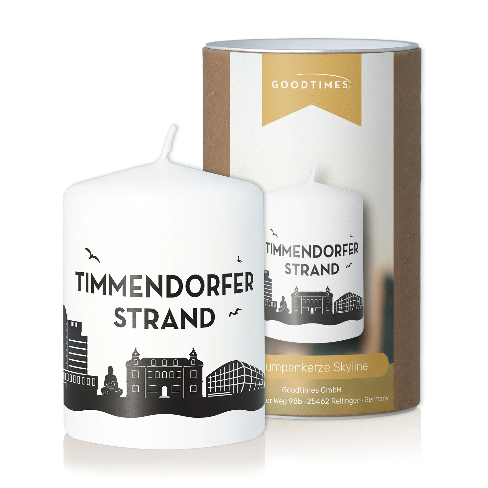 Stumpenkerze Skyline Timmendorfer Strand Weiß
