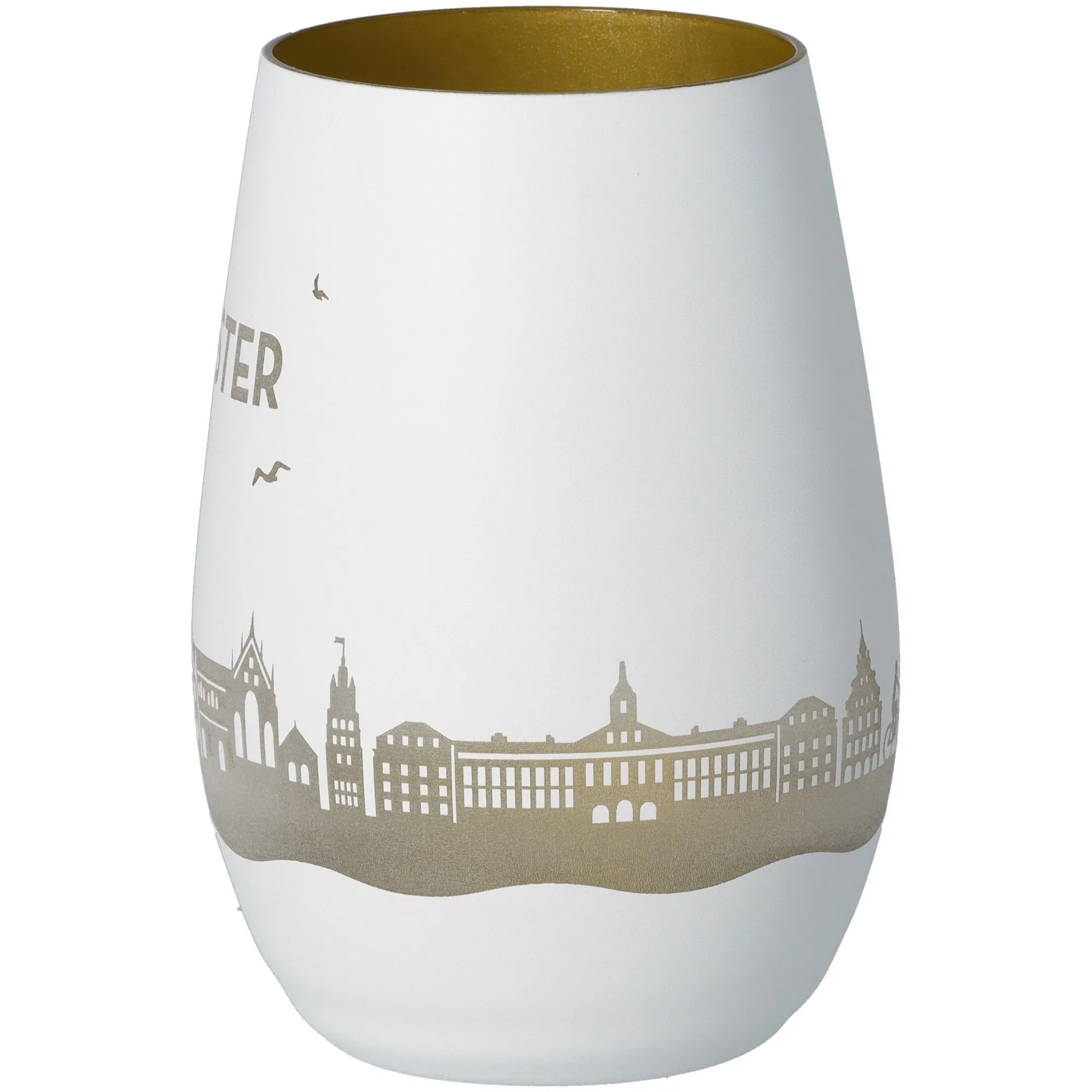 vase, weiße vase, stadt skyline, goldenes innen, keramik