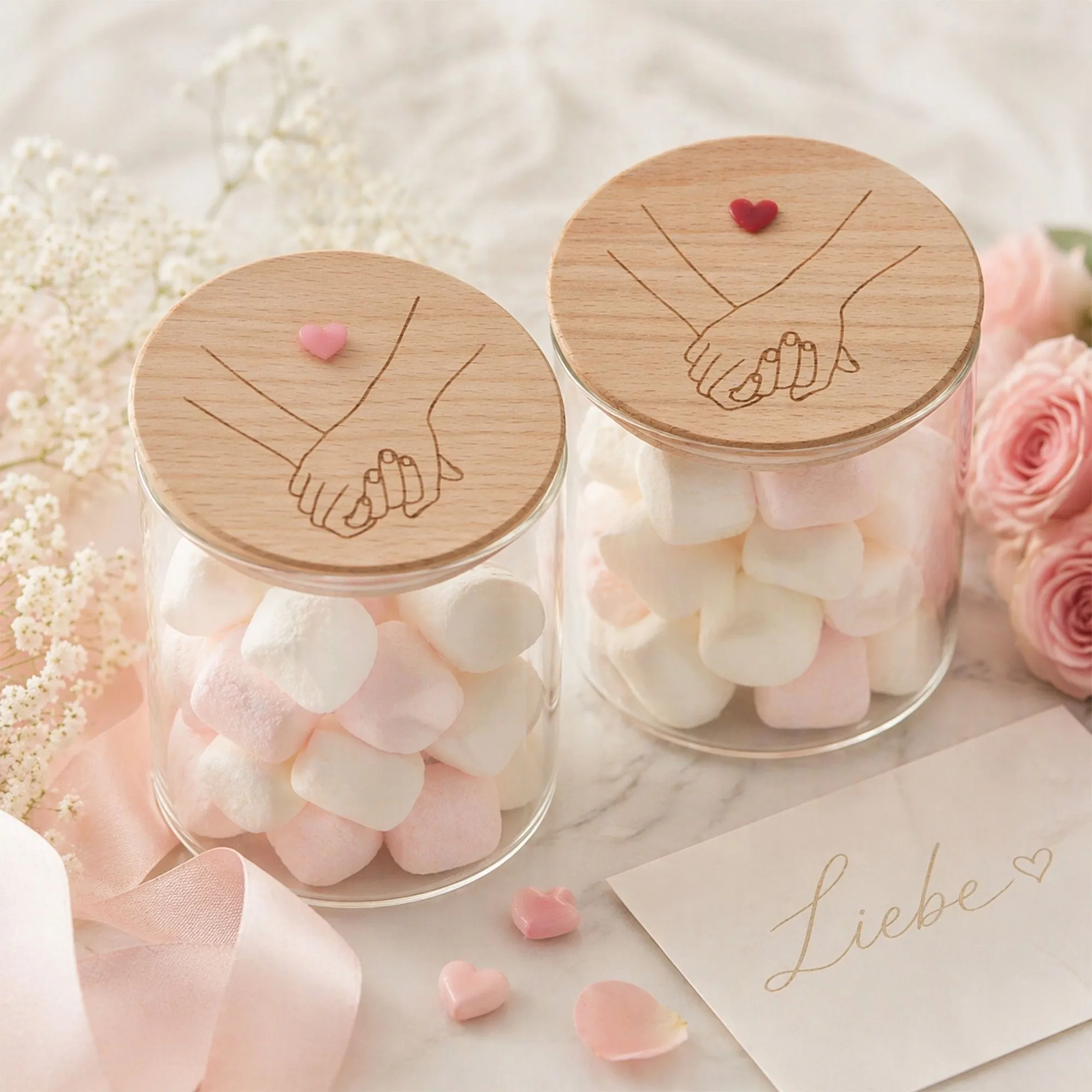 _glass jars, marshmallows, wood lid, handholding icon, pink white