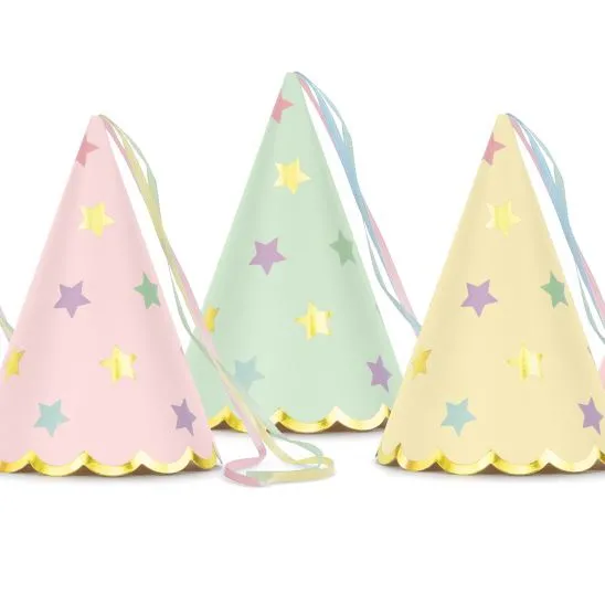 6 Partyhütchen Sterne Pastell