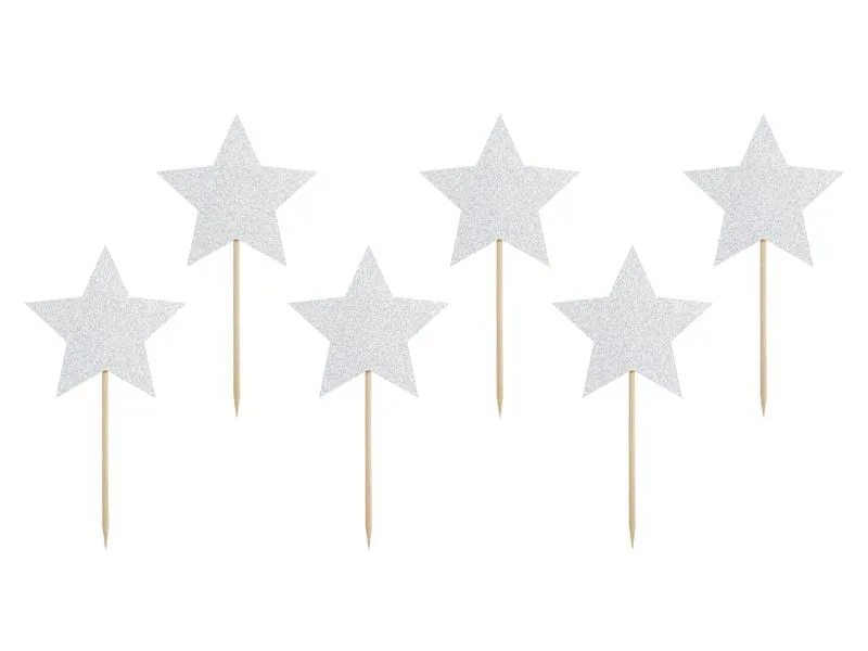 6 Cake Topper "Glitzersterne", silber