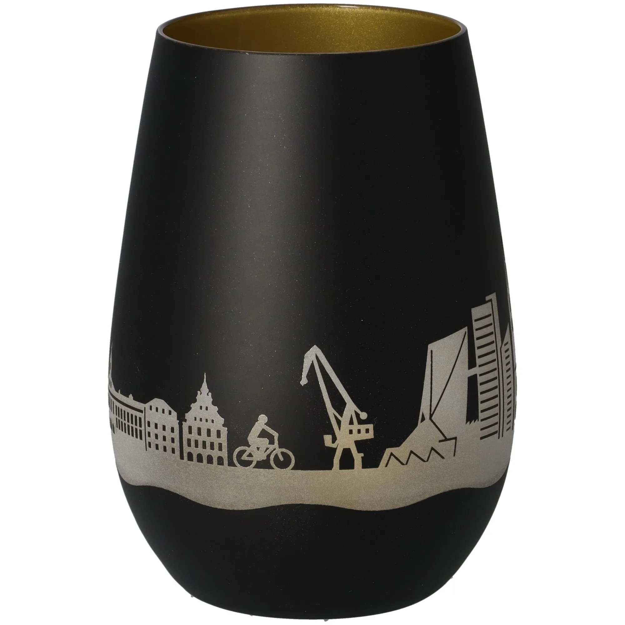 Vase, Schwarz, Silber-Print, Städtische Silhouette, Küchenzimmerdeko