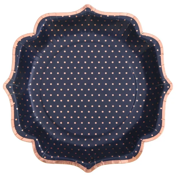 Glamour - 10 Pappteller Navyblau / Roségoldene Punkte