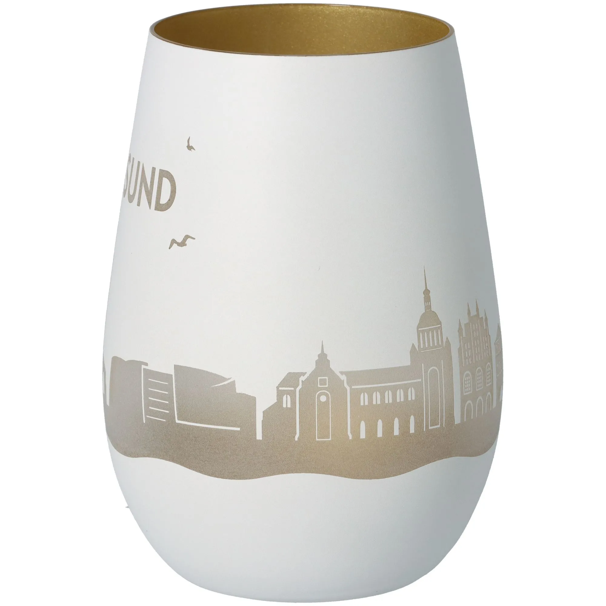 Windlicht Skyline Stralsund Weiß/Gold