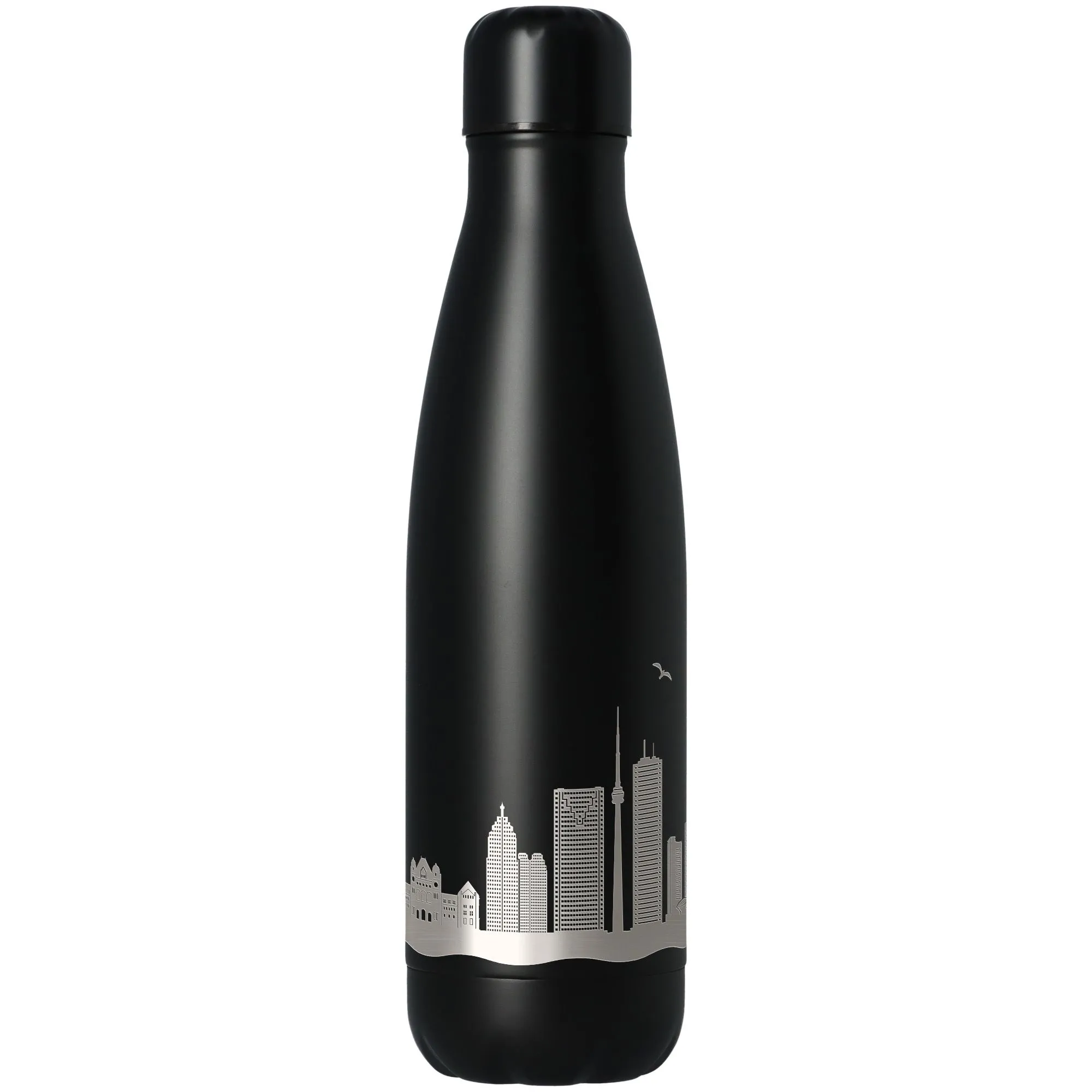 Thermflasche, Edelstahl, schwarze Flasche, Stadt-Skyline, auslaufsicherer Deckel