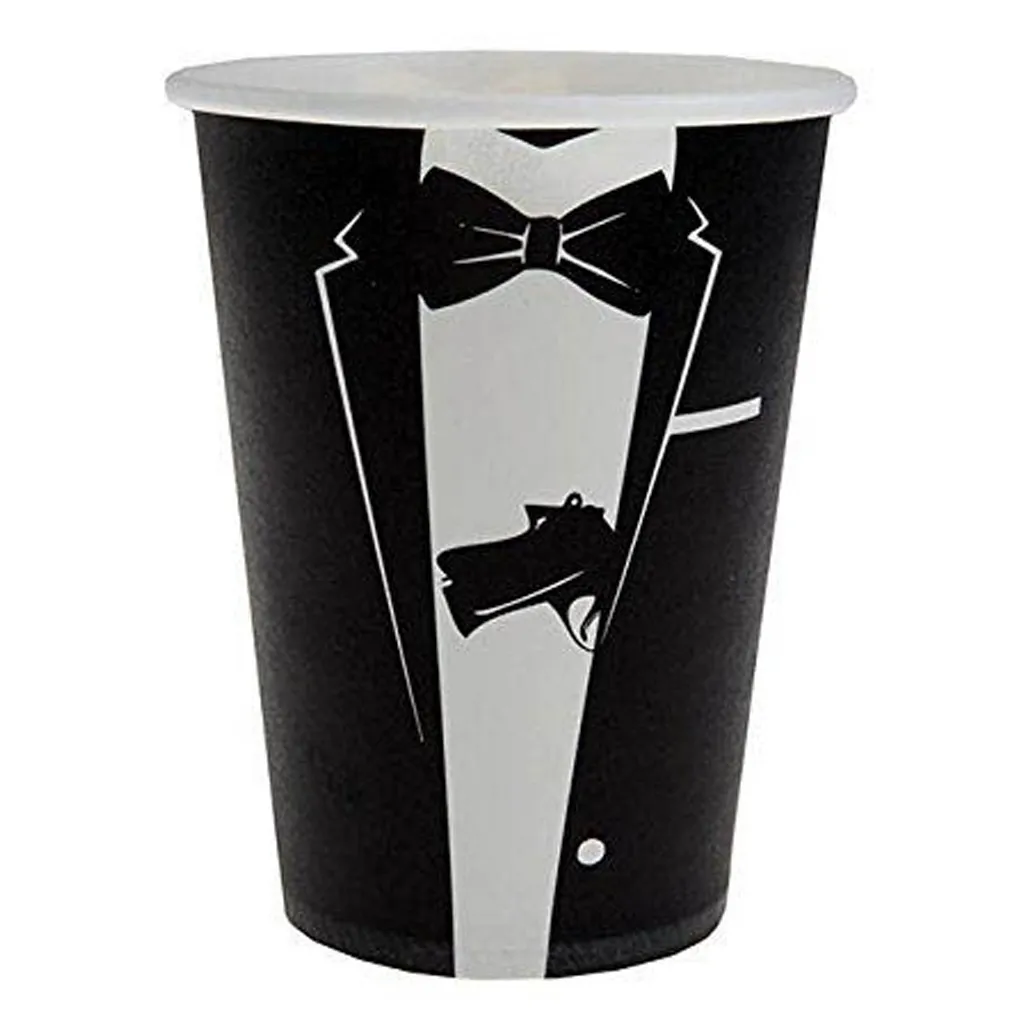 Teller, Kaffeebecher, Tuxedo-Design, Schwarz-Weiß, Fliege