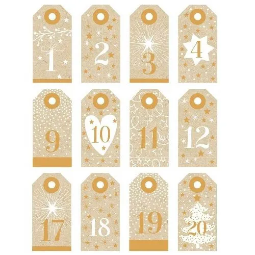 24 Adventskalender Anhänger Natur & Gold