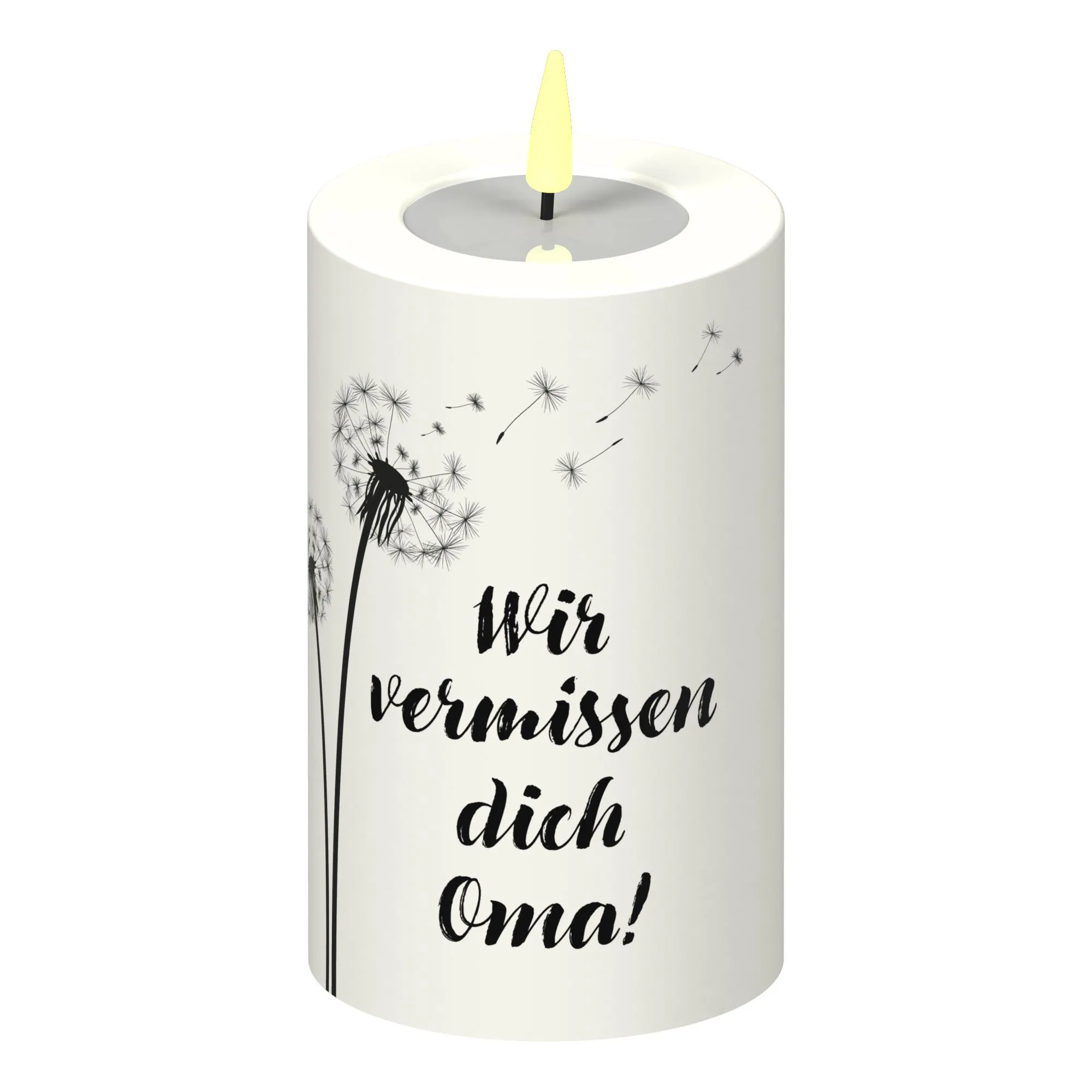 LED Stumpenkerze Weiß Pusteblume "Wir vermissen dich Oma!"