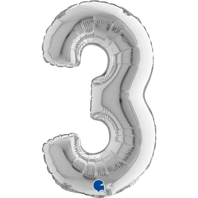 Folienballon Zahl "3" Silber, zur Luftbefüllung, 35 cm