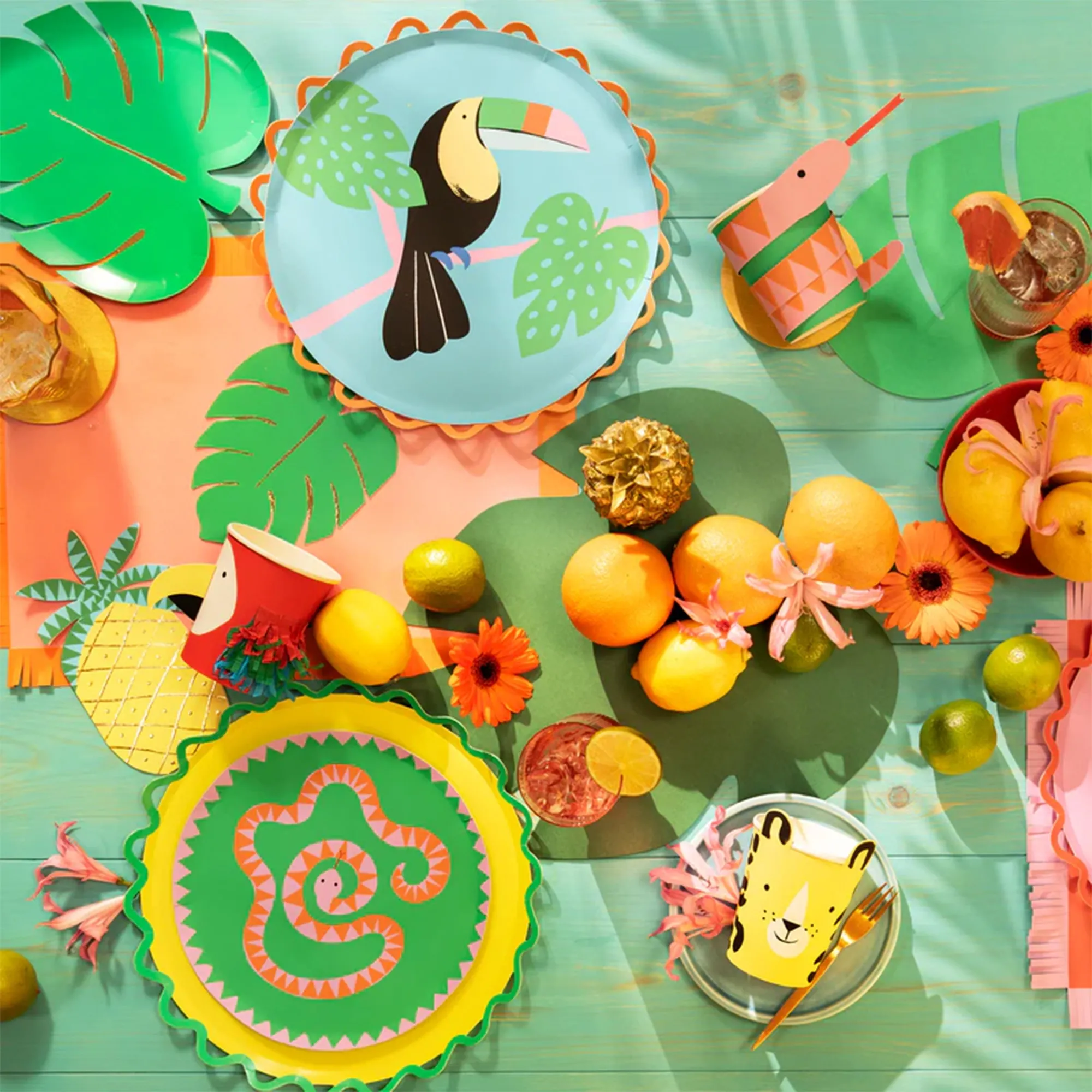 teller, tropische deko, fruchtdeko, pappteller, paradiesfarben