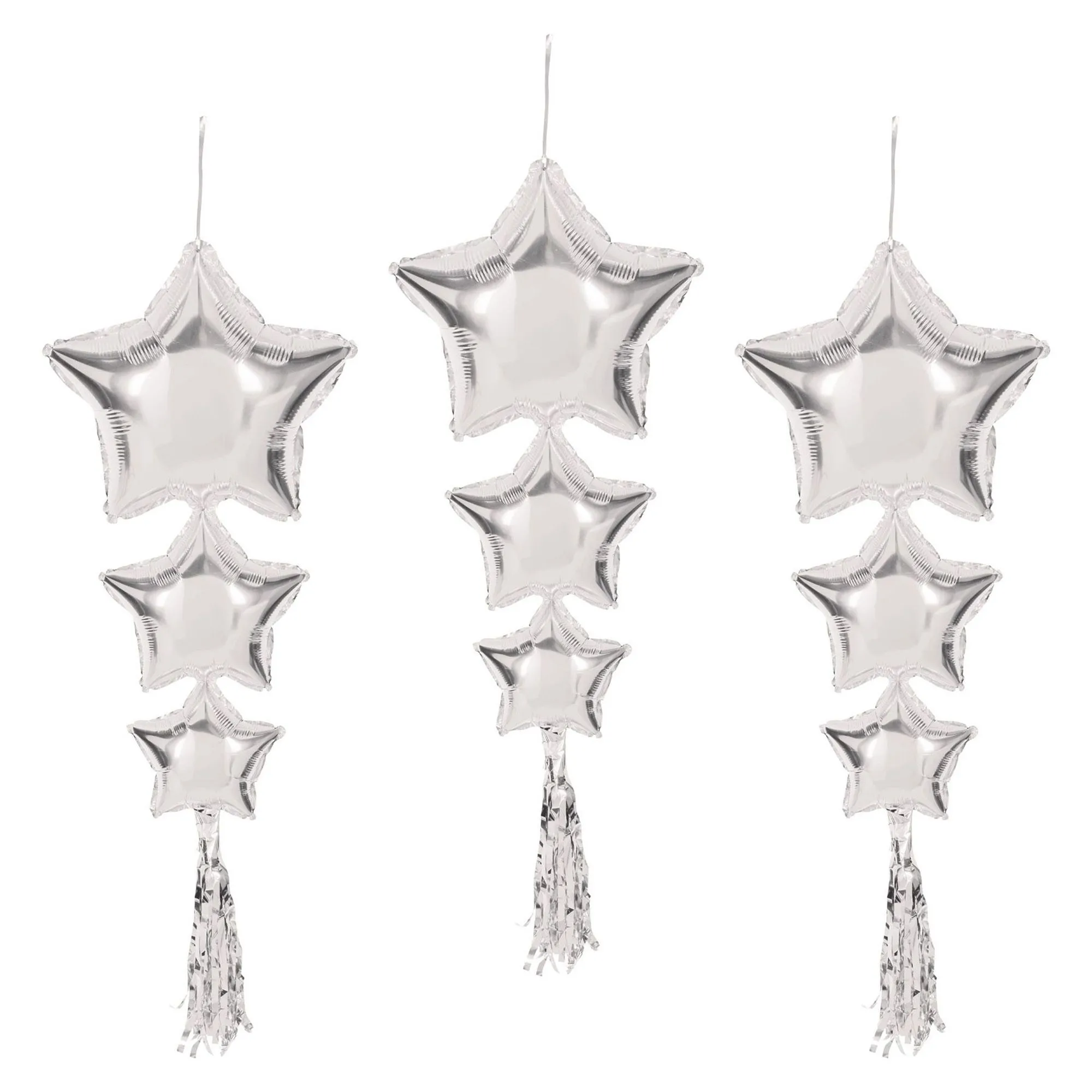 3 Stern Ballons mit Tasseln "Silber"