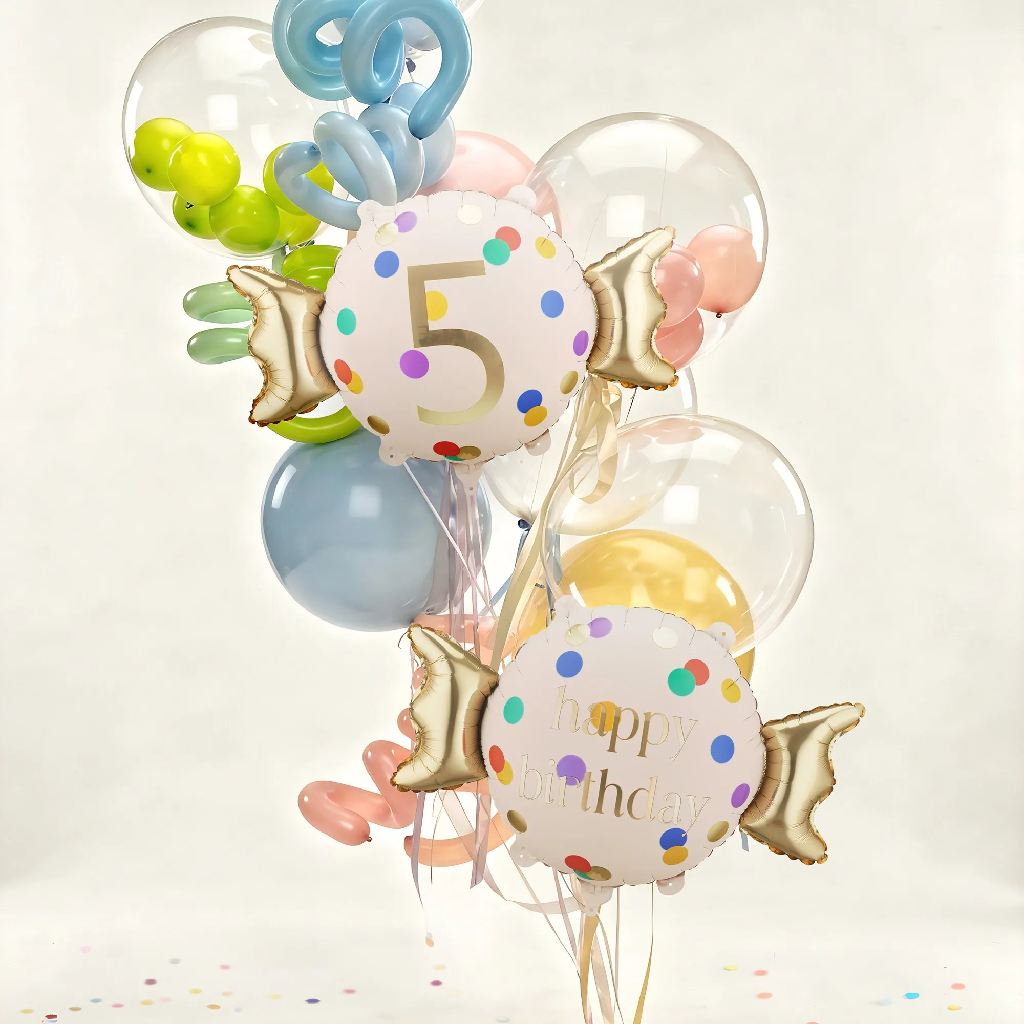 balloons, Ballonstrauß, Geburtstag, Konfetti, Nummer 5 Ballon