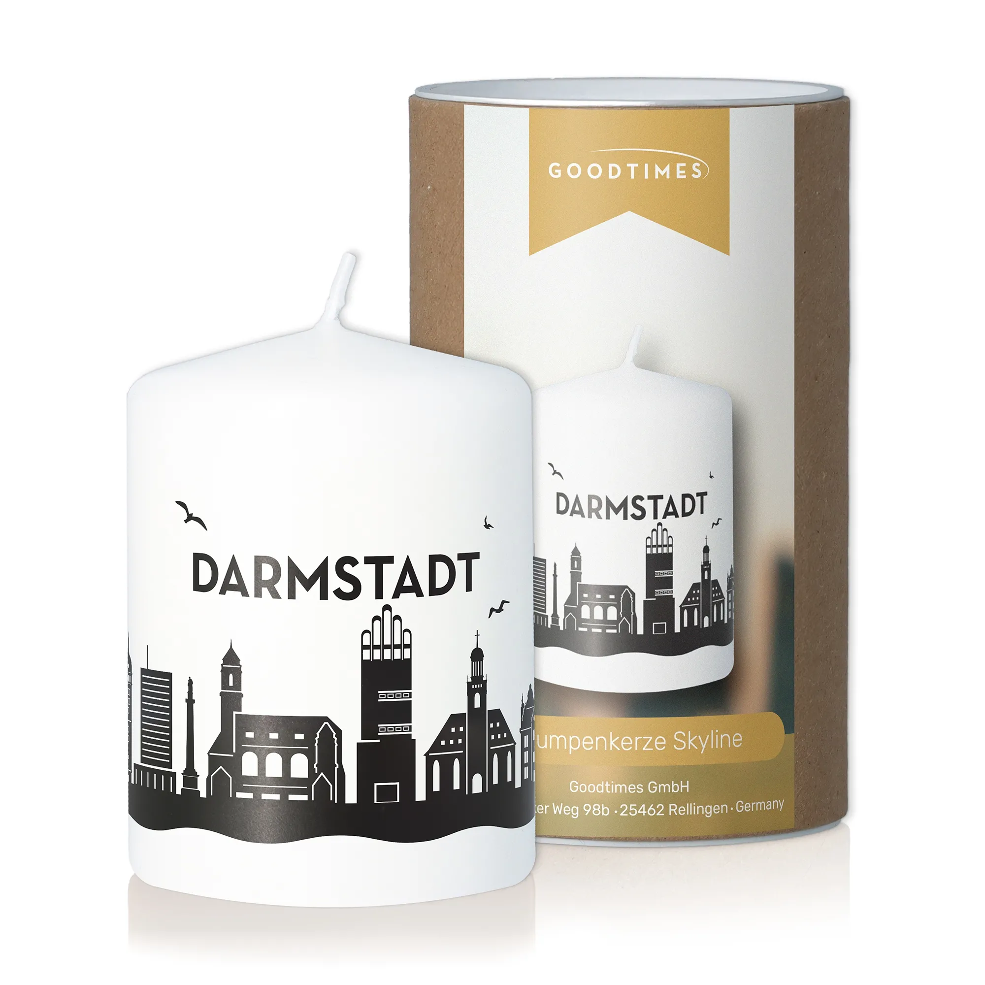 Stumpenkerze Skyline Darmstadt Weiß