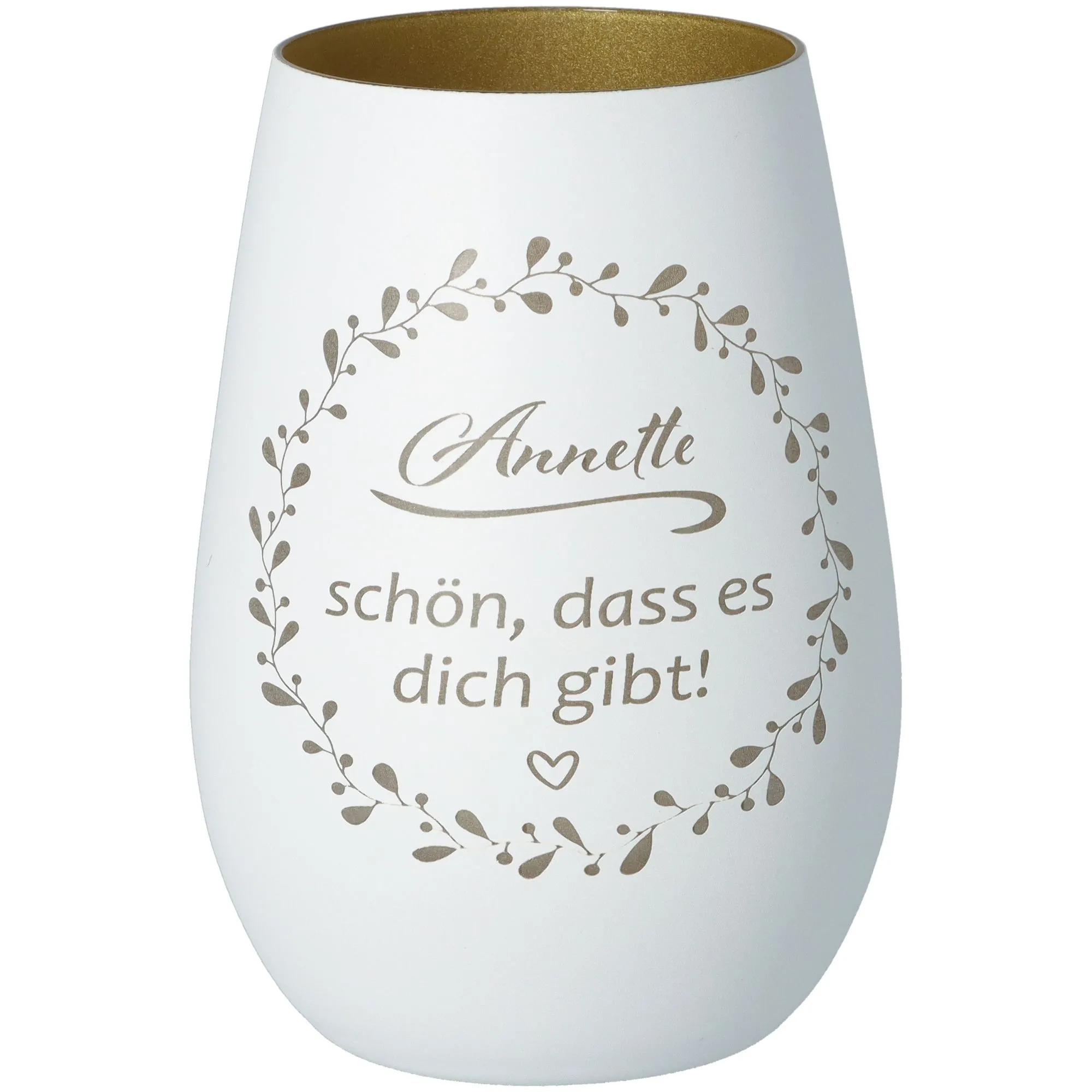Windlicht Schön, dass es dich gibt "Name" Weiß/Gold 465ml