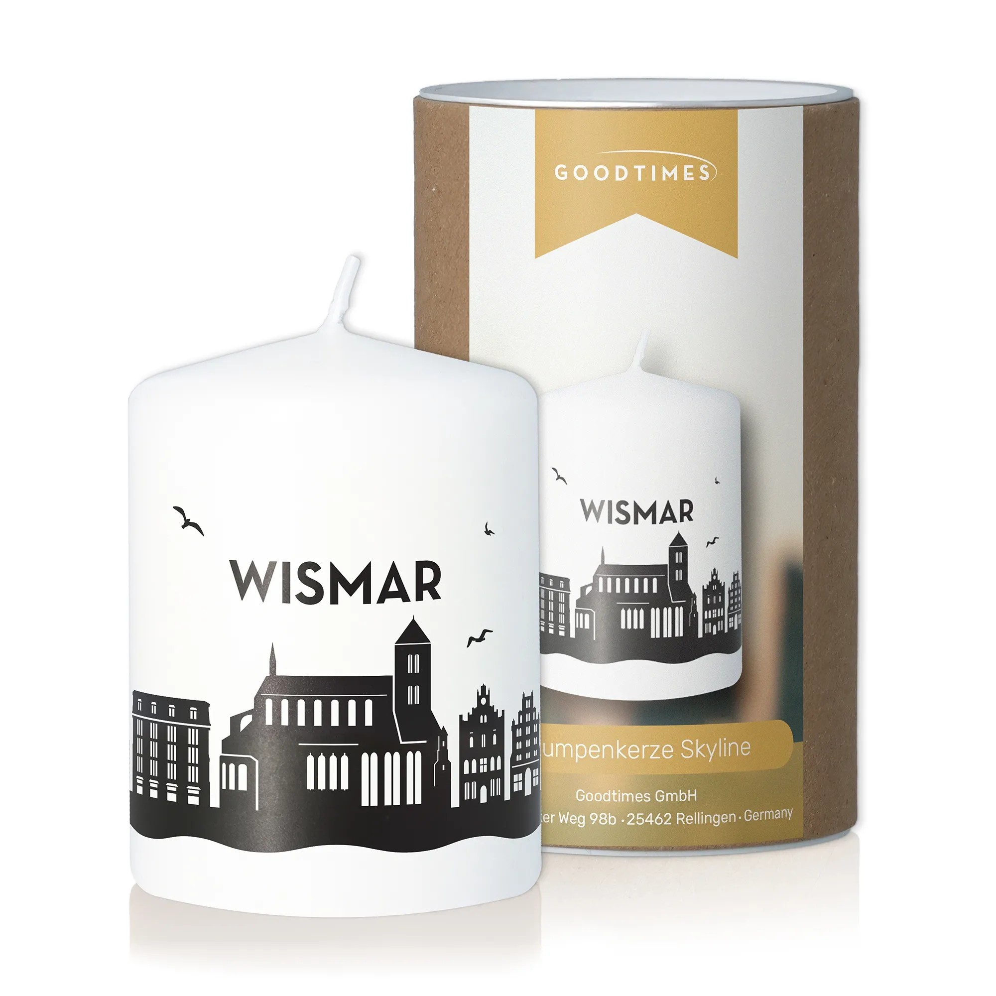 Stumpenkerze Skyline Wismar Weiß