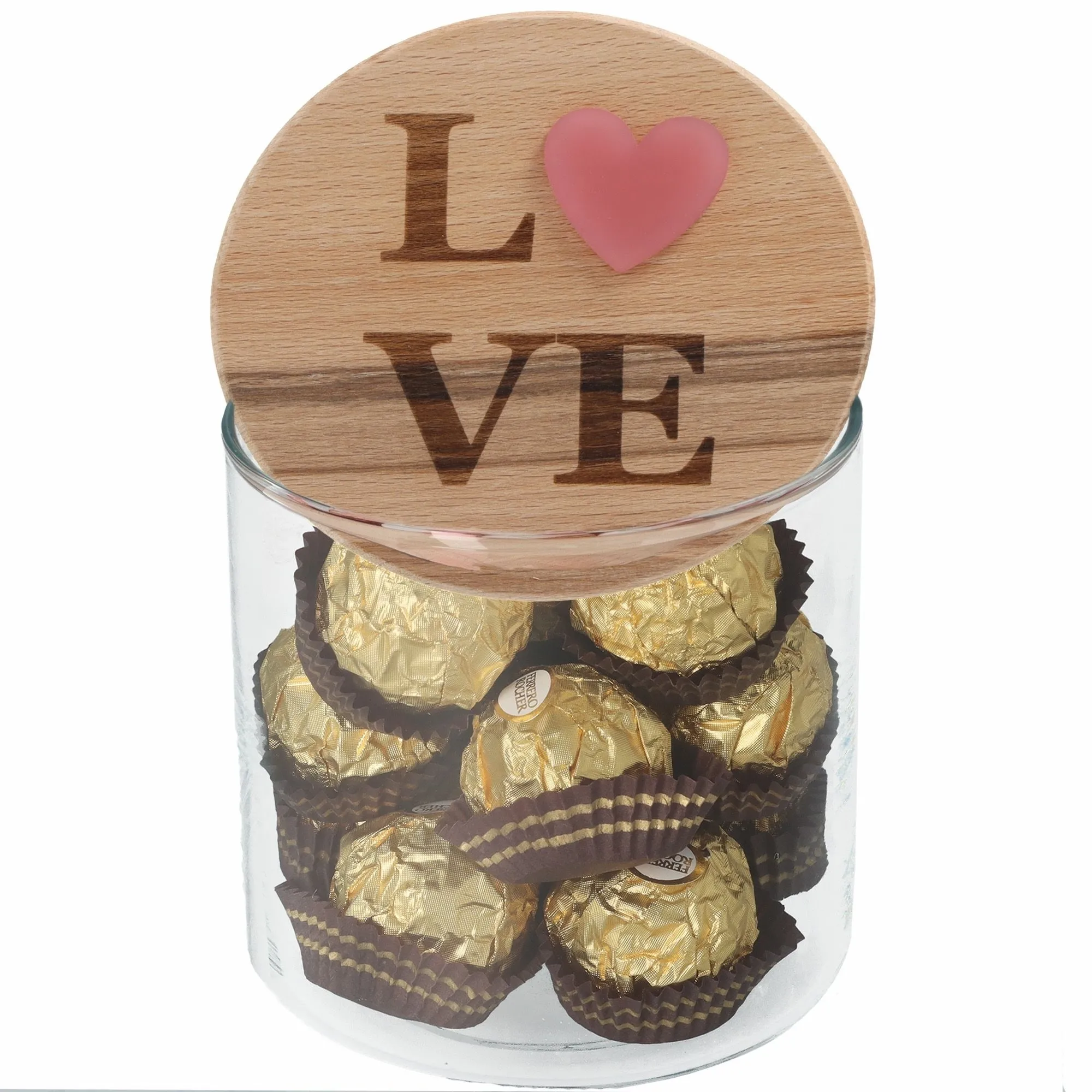 Schokolade, Pralinen, Glasbehälter, Holzdeckel, gold, Love