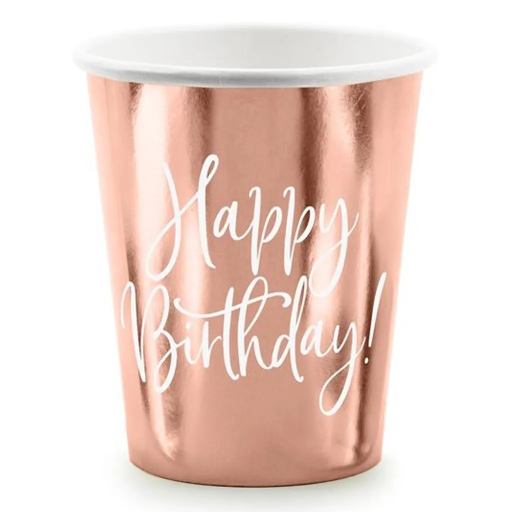 6 Pappbecher "Happy Birthday" Roségold