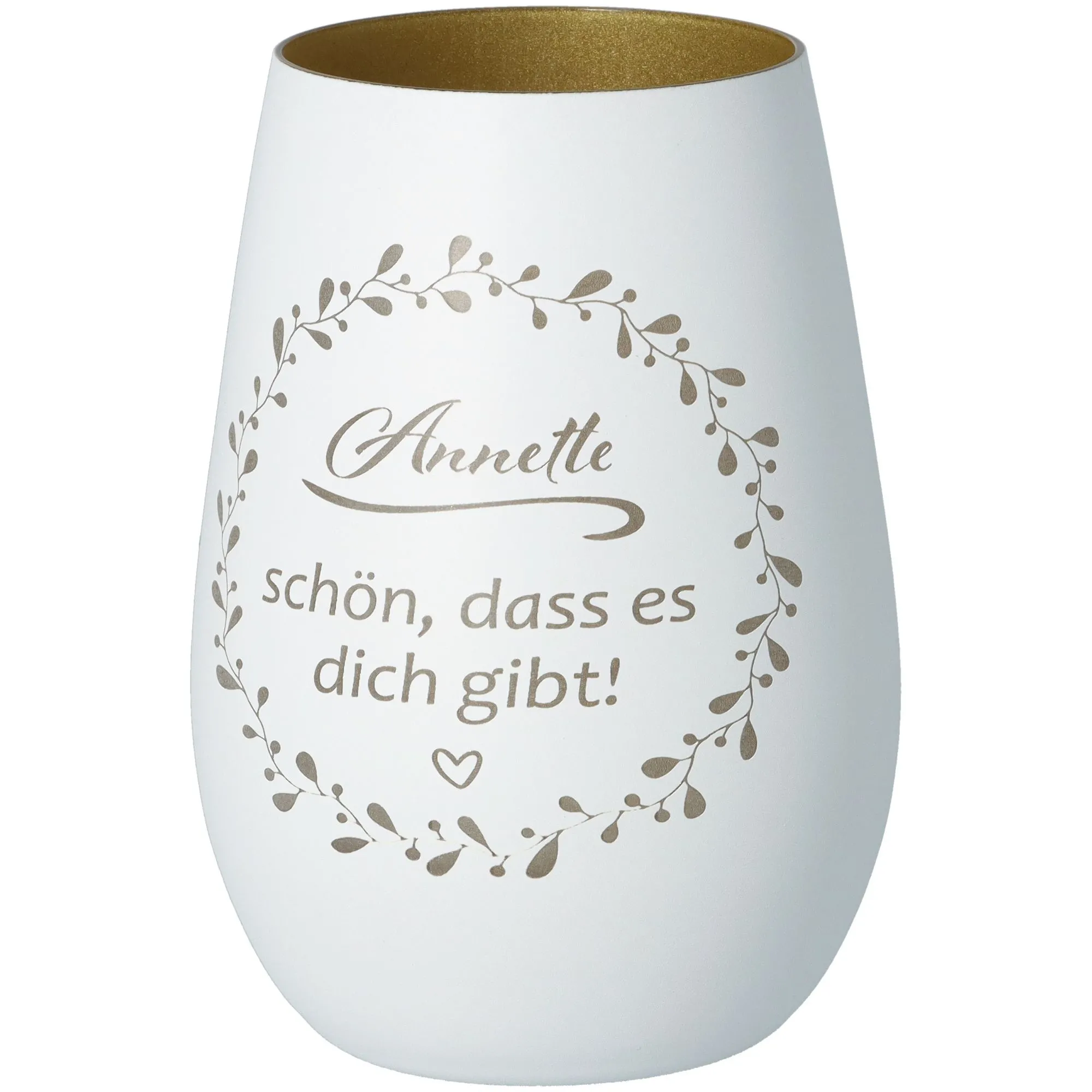 Windlicht Schön, dass es dich gibt "Name" Weiß/Gold 465ml
