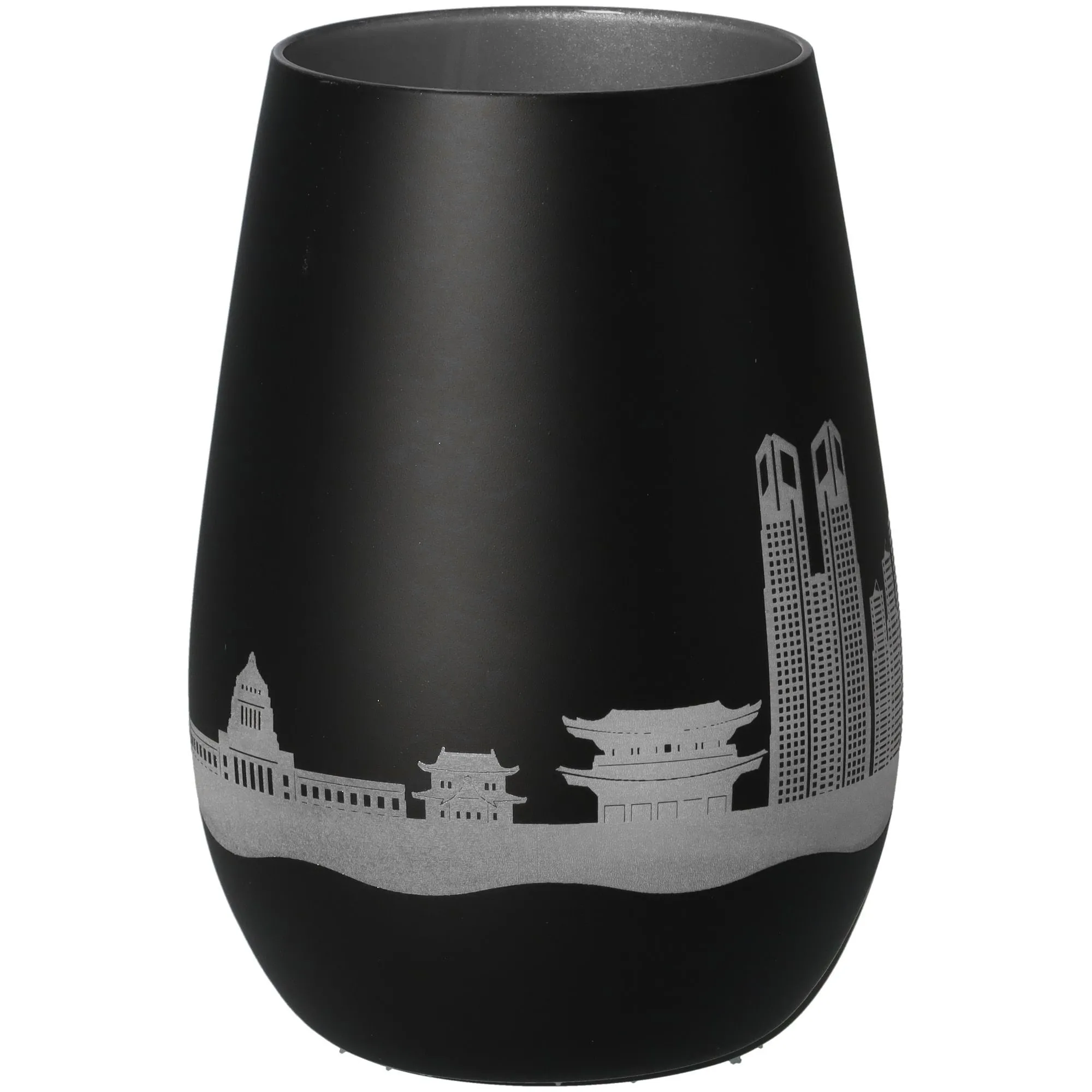vase, schwarz, matt, stadtansicht, silbernerDekor