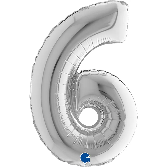 Folienballon Zahl "6" Silber, zur Luftbefüllung, 35 cm