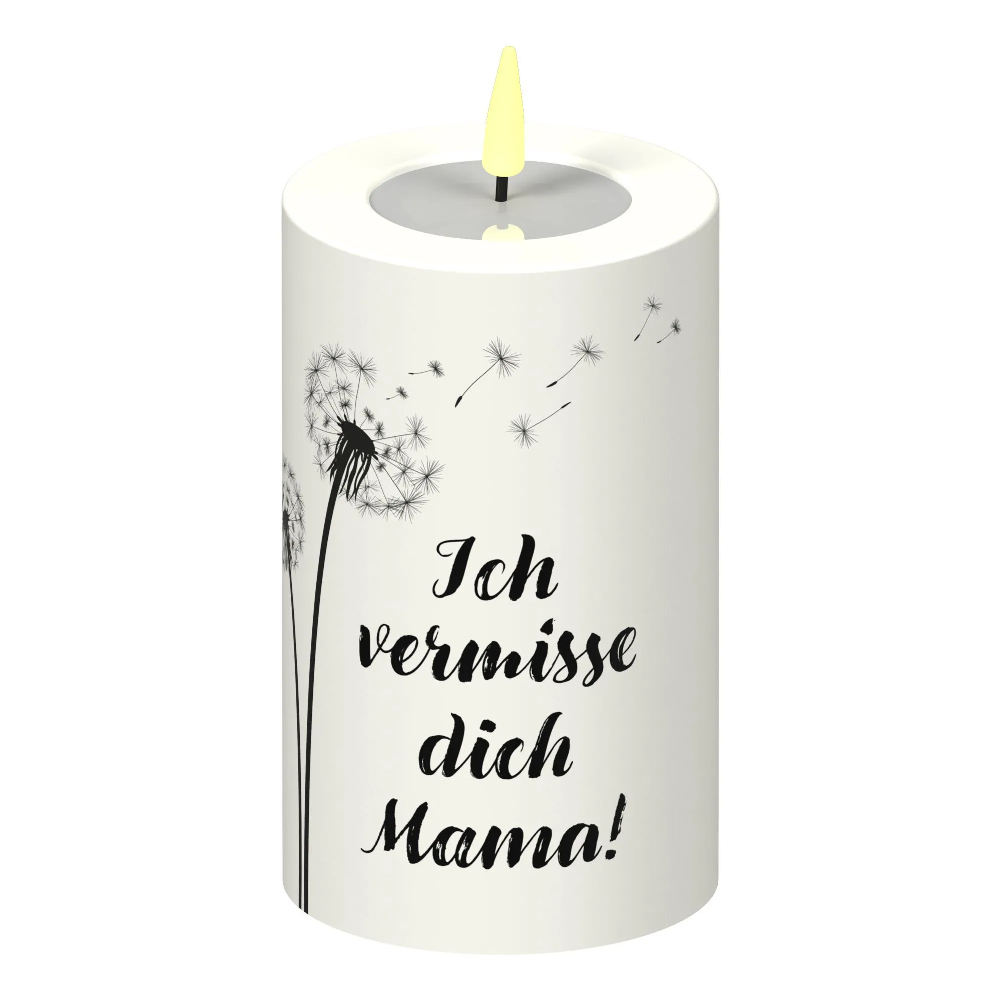 LED Stumpenkerze Weiß Pusteblume "Ich vermisse dich Mama!"