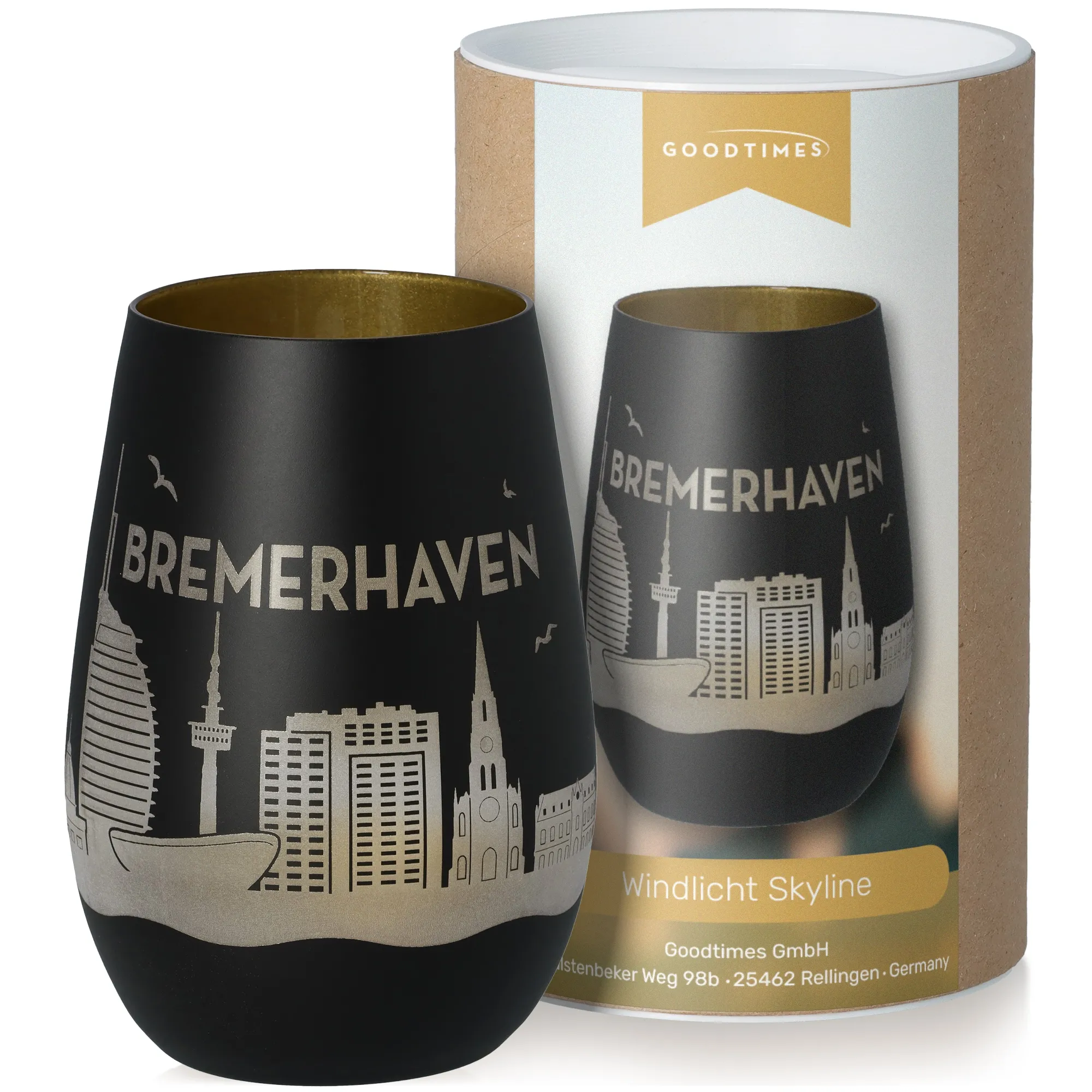 Windlicht Skyline Bremerhaven Schwarz/Gold