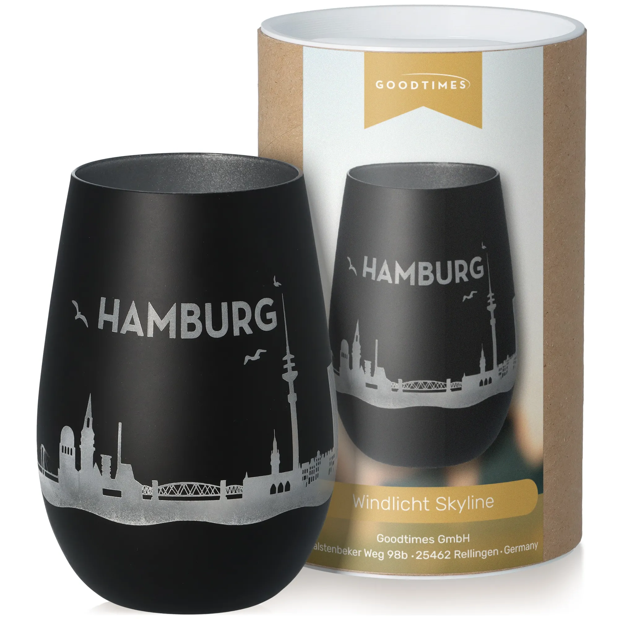 Windlicht Skyline Hamburg Schwarz/Silber