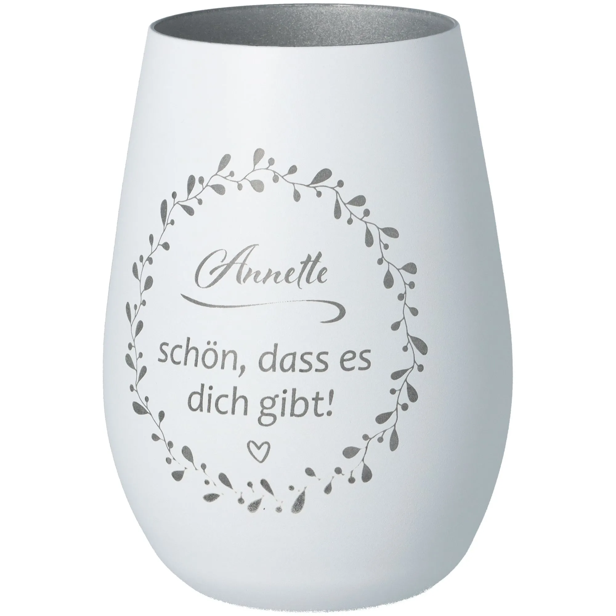Windlicht Schön, dass es dich gibt "Name" Weiß/Silber